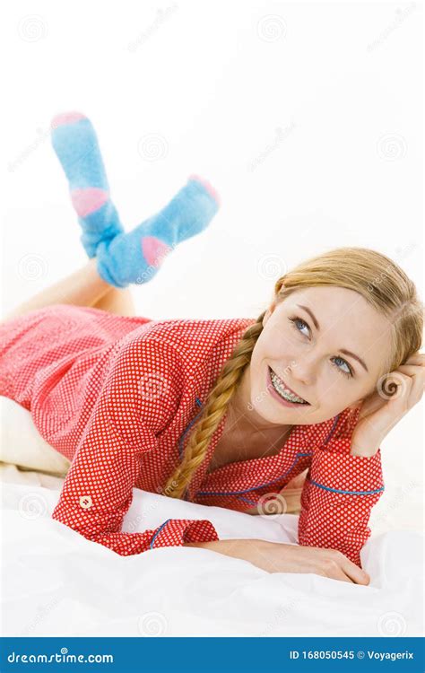 Smiling Woman Lying In Bed Stock Image Image Of Woman 168050545