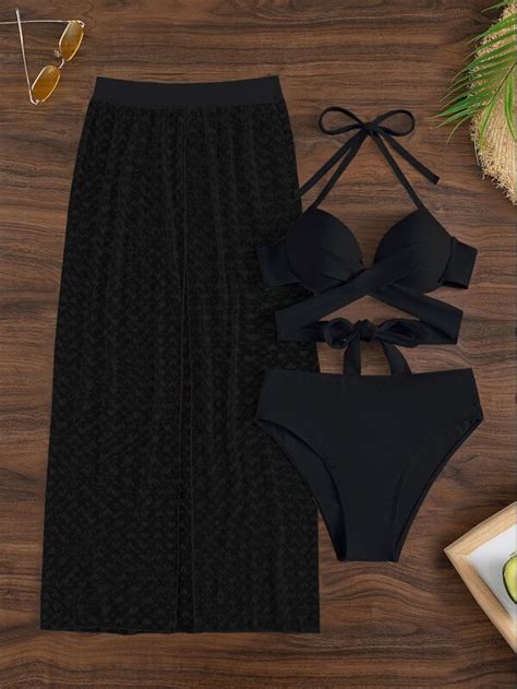 Shein Swim Basics Conjunto De Bikini Liso Sujetador Push Up Con Lazo Cruzado En La Espalda Y