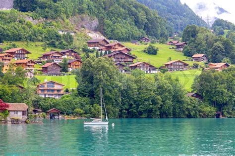 swiss village  iseltwald   famous lake brienz stock image