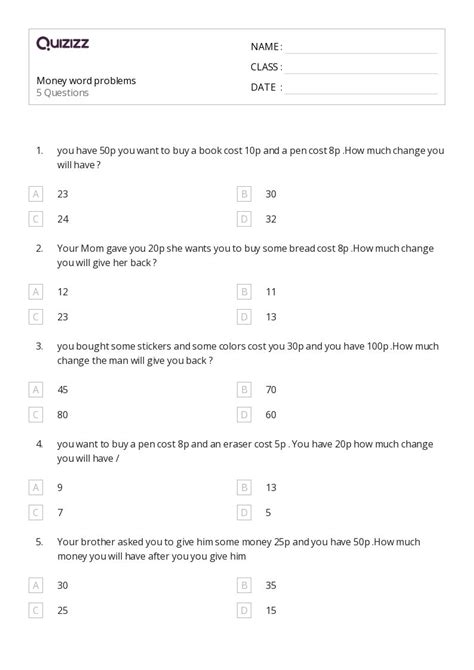 50+ Money Word Problems worksheets on Quizizz | Free & Printable