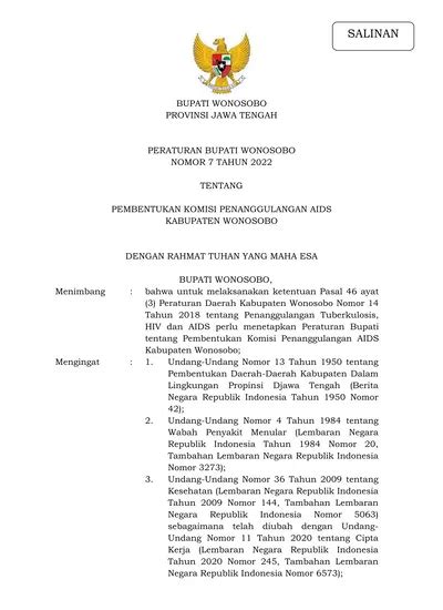 Bupati Wonosobo Provinsi Jawa Tengah Peraturan Bupati Wonosobo Nomor 7