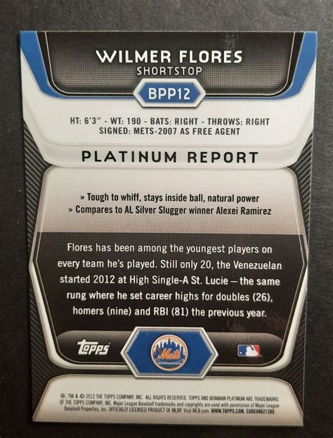 2012 Bowman Platinum Prospects Refractor Bpp12 Wilmer Flores Rc