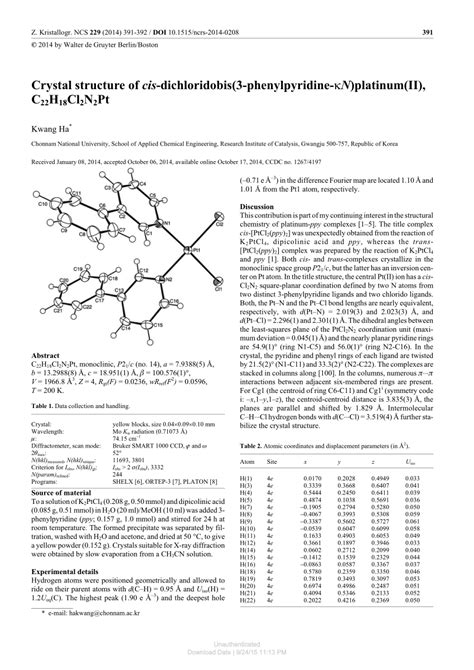 Pdf Crystal Structure Of Dichloridobis Phenylpyridine N Platinum