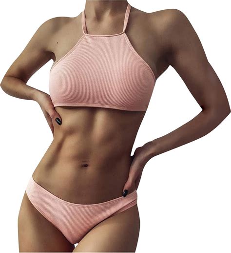 NINGSANJIN Damen Neckholder Bikini Set Push Up Brazilian Rosa Riemchen