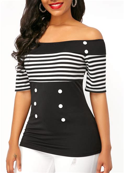 Striped Button Detail Off The Shoulder Blouse Usd 29 94