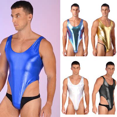 Mens Sexy One Piece Bikini Swimsuits Metallic High Cut Thong Leotard Underwear Ebay