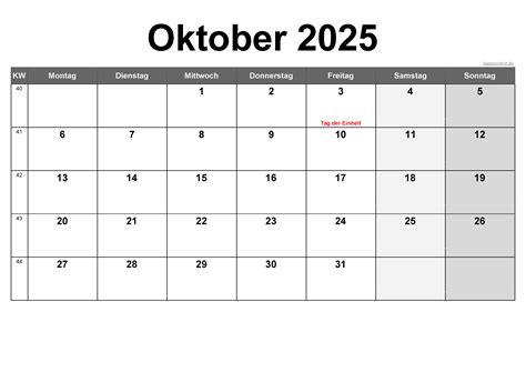 Kalender Oktober 2025 zum Ausdrucken (PDF, XLS, PNG)