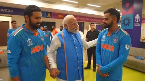 PM Modi Meets Team India In Dressing Room After World Cup Defeat Hugs