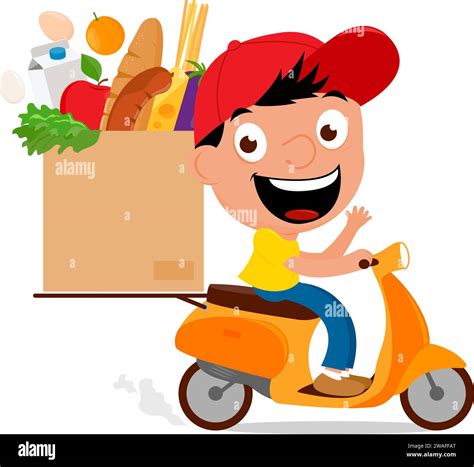 Delivery Man Riding A Scooter Delivering Shopping Bags With Groceries