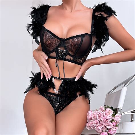 Wholesale Luxury Feather Lingerie Set With Lace Splicing