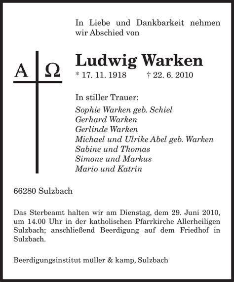 Traueranzeigen Von Ludwig Warken Saarbruecker Zeitung Trauer De