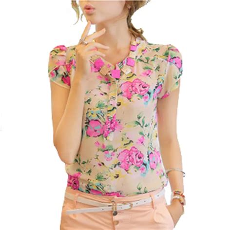 Nice Quality 2016 Casual Women Blouse Short Sleeve Floral Print Chiffon