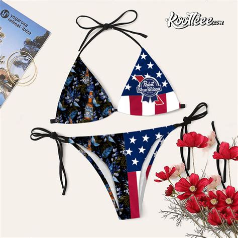 Tropical American Flag Pabst Blue Ribbon Swimsuit String String Triangle Bikini Summer Vacation