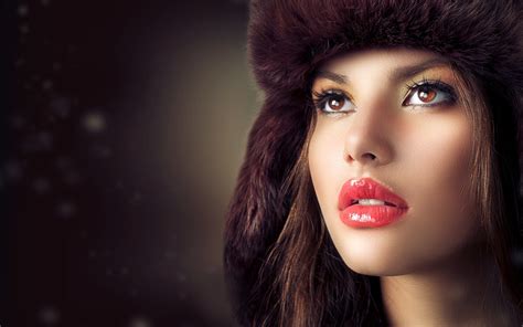 Women Model Brunette Long Hair Face Open Mouth Red Lipstick Brown Eyes Airbrushed Funny Hats