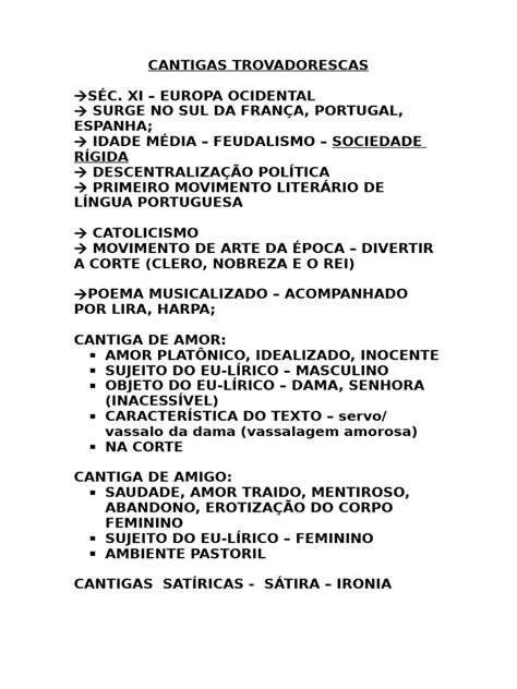 Os Tipos De Cantigas Trovadorescas São - Tipos e Características das Cantigas Trovadorescas | PDF