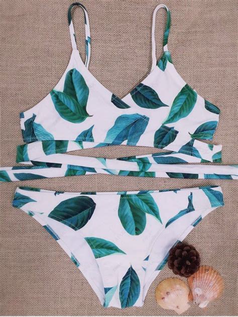 [22 Off] 2021 Leaf Print Halter Wrapped Bikini Set In White Zaful