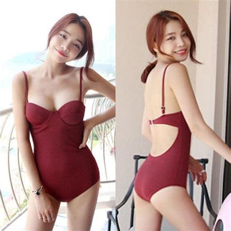 Push Up Low Cut Backless One Piece Bikini Plain Swimsuit Cute Simple One Piece Bikini Korean