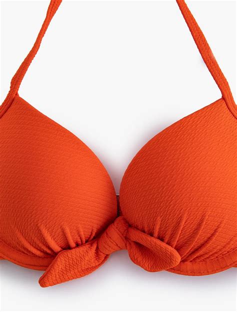 Turuncu Kadın Push Up Bikini Üstü Dokulu Bağlama Detaylı Balenli