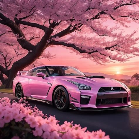 Premium Photo Pink Nissan Skyline GT R At Sunset With Cherry Blossom