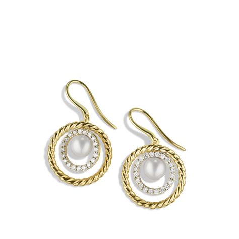 Lyst David Yurman Pearl Earrings With Diamonds In Gold In Metallic