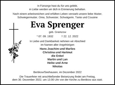 Traueranzeigen Von Eva Sprenger Trauer Nordkurier