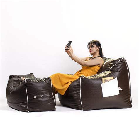 Faux Leatherette Bean Bag Square Lounger Sofa With Lounge Ottoman Xxxl