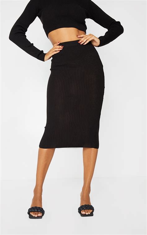 Black Basic Ribbed Knitted Midi Skirt Prettylittlething Aus