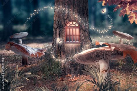 Fantasy Enchanted Fairy Tale Forest With Giant Mushrooms Magical Elf