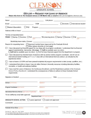 Fillable Online Clemson GS LoA Request For Leave Of Absence Grad