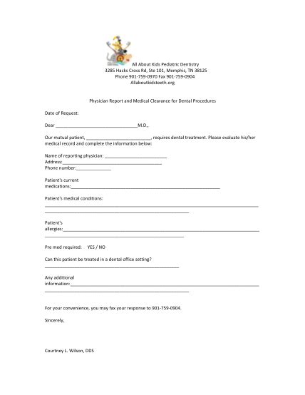 Printable Dental Medical Clearance Form