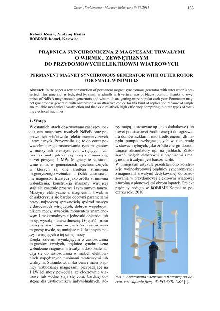 prądnica synchroniczna z magnesami trwałymi o wirniku Komel