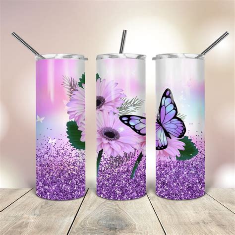 Pink Flower Purple Glitter 20 Oz Tumbler Wrap Tapered Straight Template