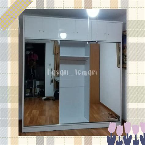 Lemari Pakaian Sliding Pintu Cermin Full Plus Kabinet Atas Murah