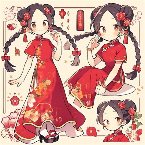 Colorful Female Chinese Chibi Kawaii Cheongsam Fashion Red And Gold C