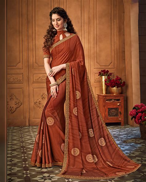 Vishal Prints Rust Chiffon Saree With Foil Print And Jari Border