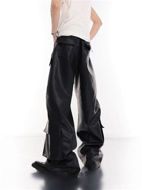 Metal Buttons Stitch Pocket Leather Pants