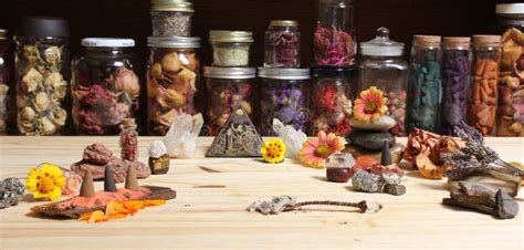 Meditation Altar With Rock Crystals And Flowers Jars Of Herbs In