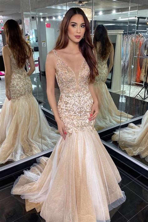 Gorgeous V Neck Mermaid Beaded Champagne Long Prom Dress Fancyvestido