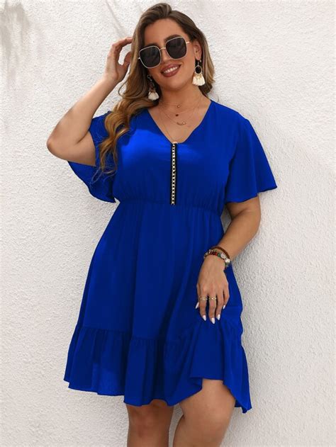 Plus Flutter Sleeve Ruffle Hem Dress Shein Usa