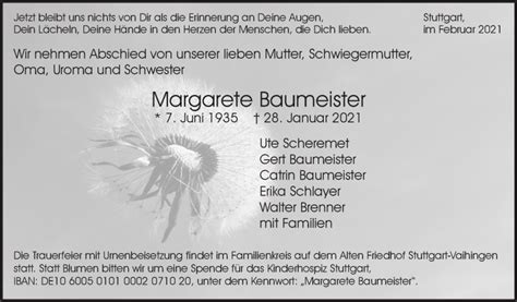 Traueranzeigen Von Margarete Baumeister Stuttgart Gedenkt De