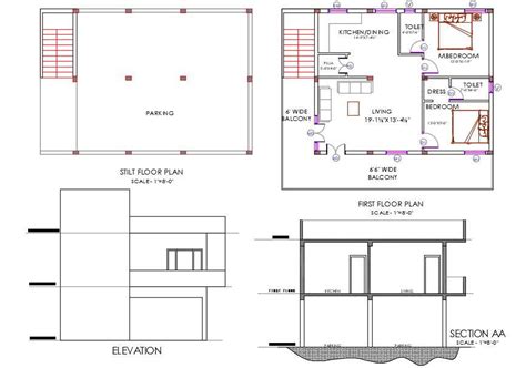 2 Bhk House Furniture Plan And Building Sectional Elevation Drawing Dwg