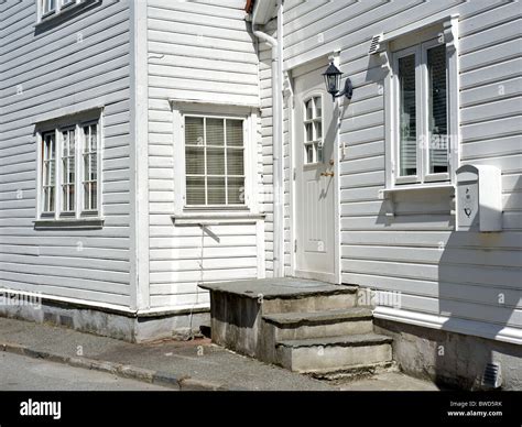 Traditional White Wooden Houses In The Old Gamle Stavanger District