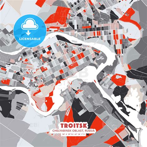 troitsk chelyabinsk oblast russia modern street map poster template gray red tones