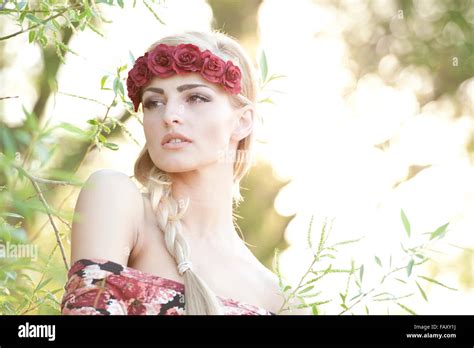 Blonde Wearing A Flower Crown Stock Photo Alamy