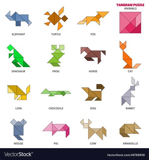 Tangram Puzzle Set With Various Animals Royalty Free Vector