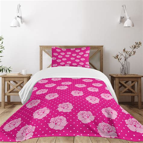 Ambesonne Hot Pink Bedspread Set Vintage Roses Love Dot Hot Pink Pale Pink White Wayfair