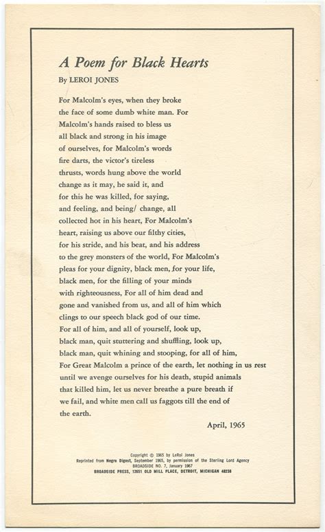 Broadside A Poem For Black Hearts By Jones Leroi Amiri Baraka