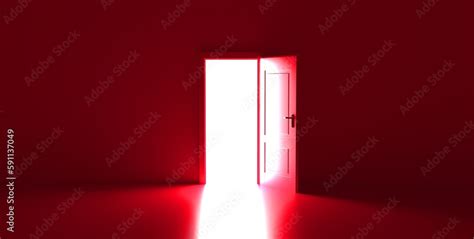 Red Room with the door open for a sky. Door to heaven. Symbol of new ...