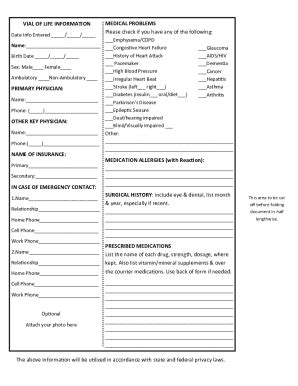 Fillable Online Vial Of Life Medical Information Form Printable Pdf