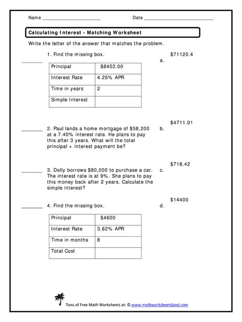 Fillable Online Calculating Interest Matching Worksheet Math